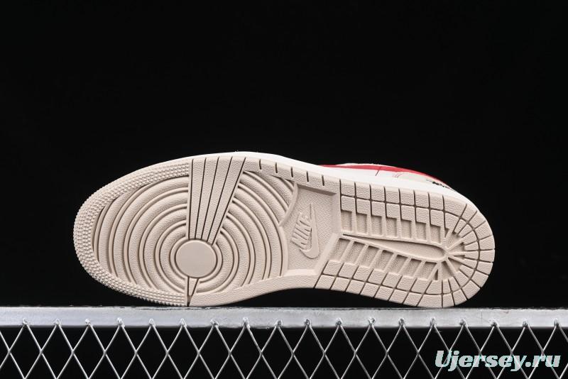 Nike Air Jordan 1 Low Stussy Collaboration Khaki Red Hook Retro Basketball Shoes - SJ9950-040