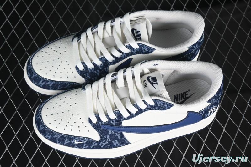 Nike Travis Scott x Fragment Design x Air Jordan 1 Low OG SP AJ1 MLB Collaboration White Blue Denim Low-top Casual Sneakers - DM7866-051