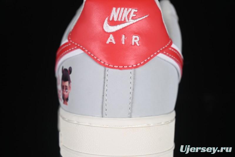 Nike Air Force 1 '07 Low Nezha Collaboration Grey Red Swoosh Casual Sneakers - DF0188-046
