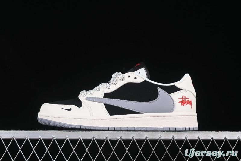 Nike Travis Scott x Fragment Design x Air Jordan 1 Low OG SP AJ1 Sneakers in Light Grey Black Patchwork - XZ6188-575