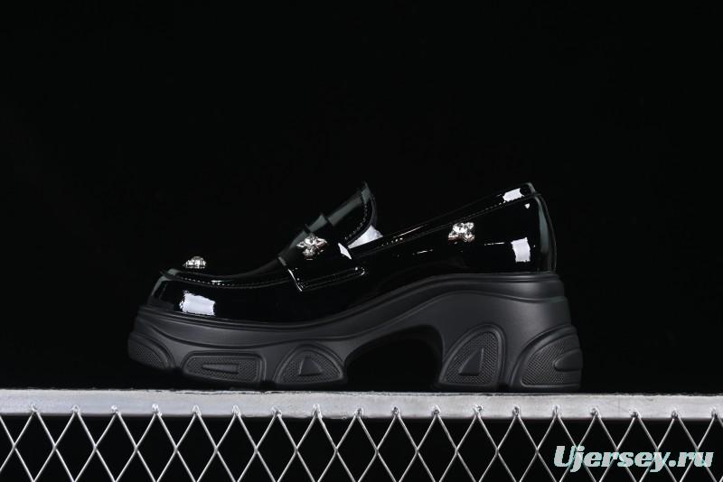 Black Patent Chunky Platform Loafers with Metal Embellishments