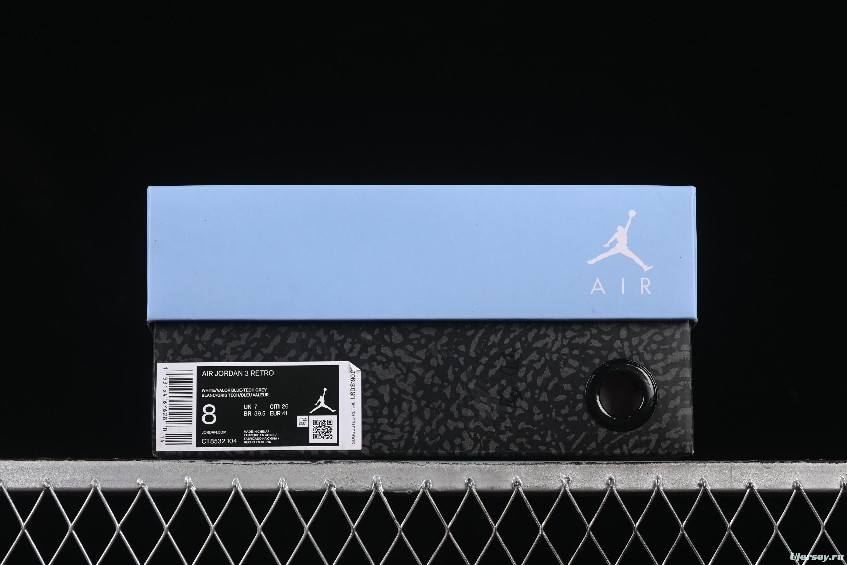 Nike Air Jordan 3 Retro UNC White Blue Cracked Leather Basketball Shoes - CT8532-104