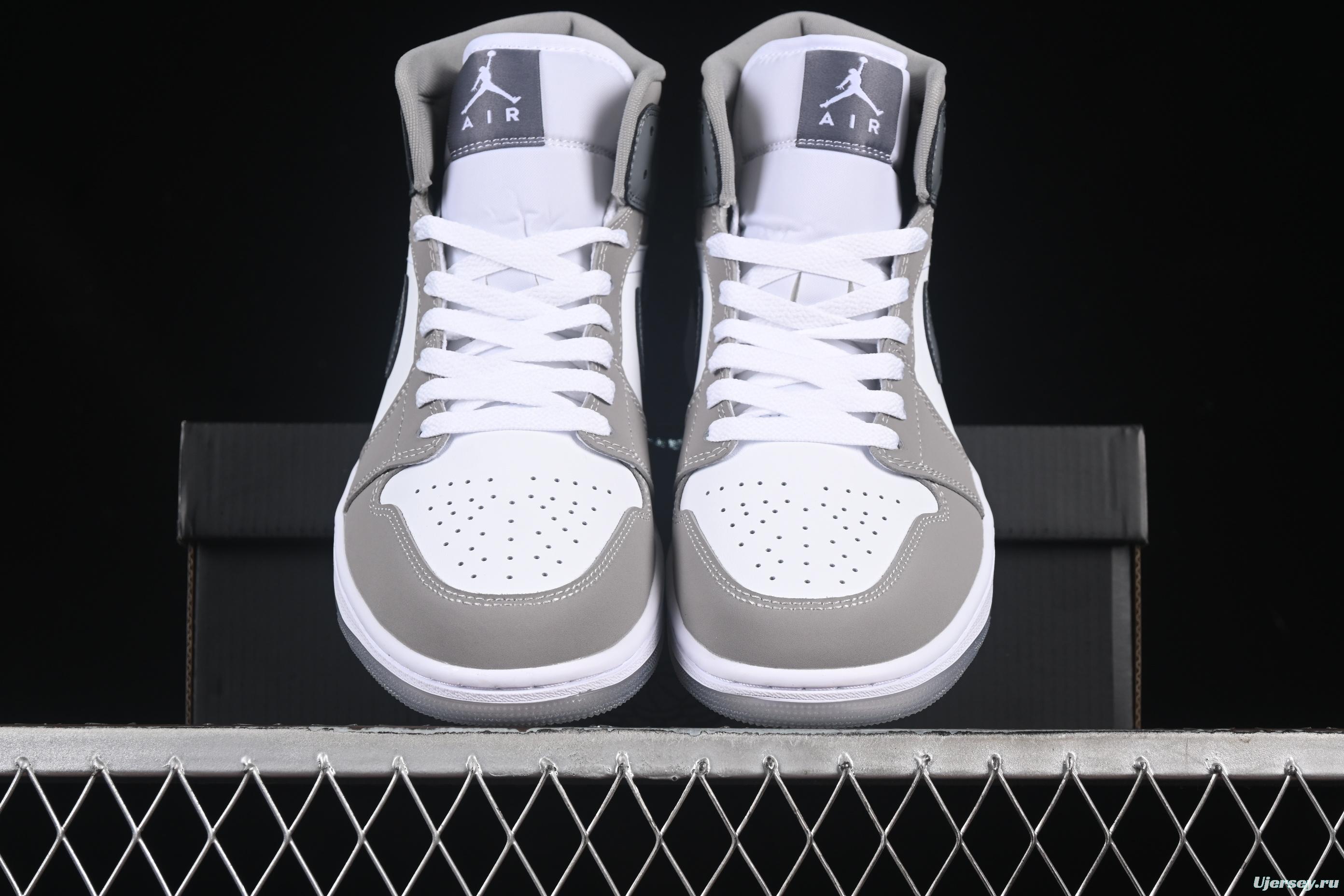Nike Air Jordan 1 Mid Basketball Shoes in White Grey Patent Leather - HF3216-100