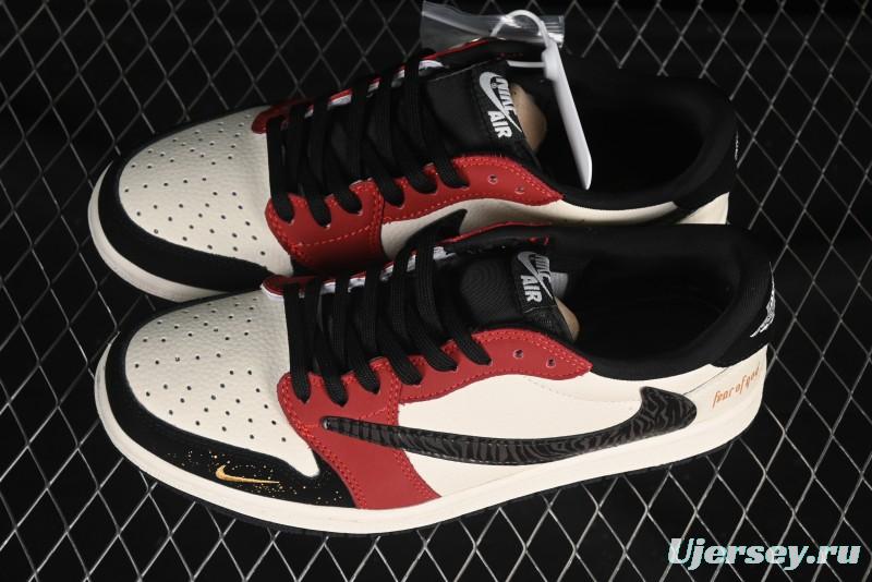 Nike Travis Scott x Fragment Design x Air Jordan 1 Low OG SP AJ1 FOG Collaboration Patchwork Burgundy Low-Top Casual Sneakers - LD2025-012