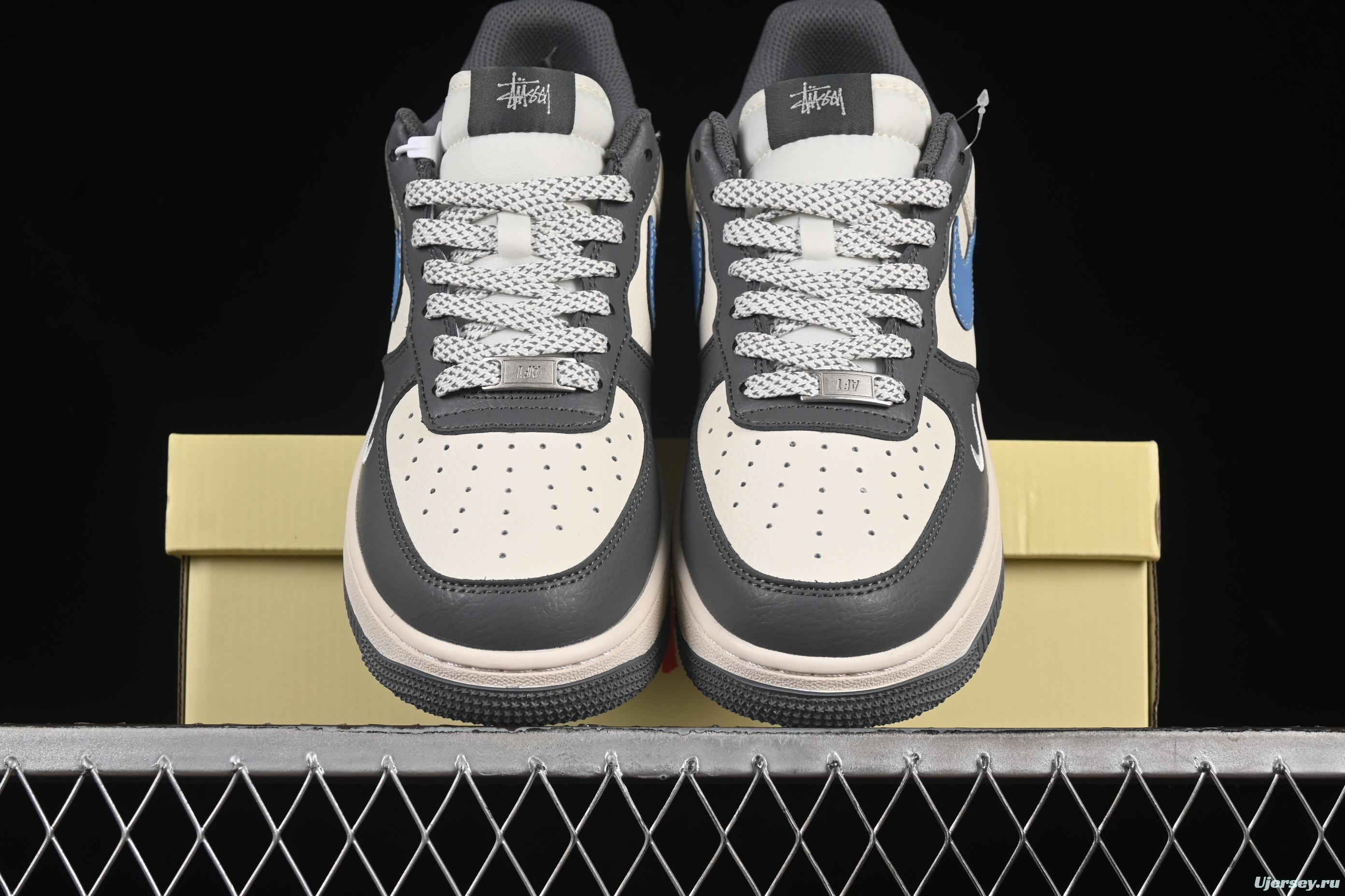 Nike Air Force 1 '07 Low Stussy Collaboration Light Grey Sky Blue Swoosh Casual Sneakers - XS1958-574