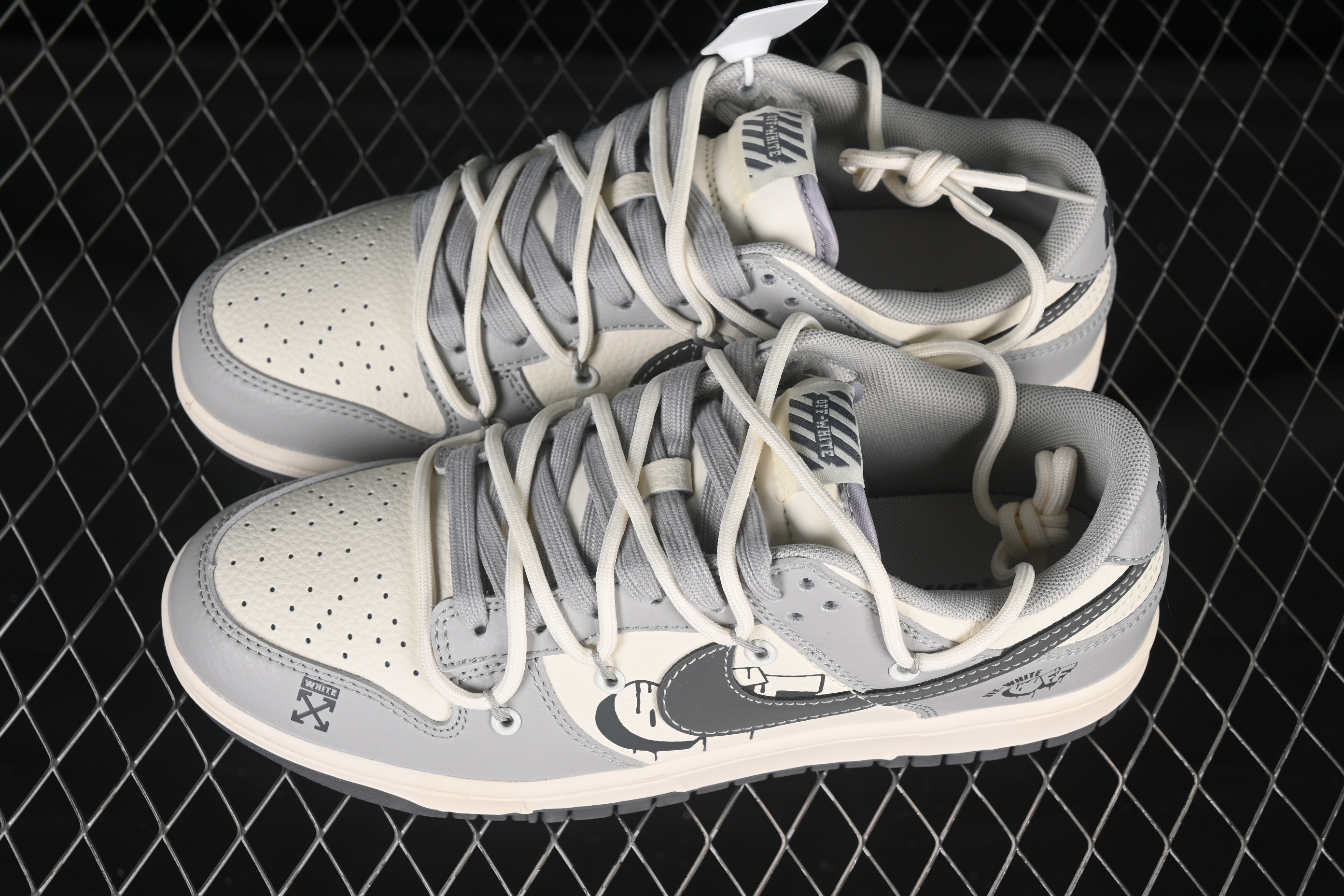 Nike SB Dunk Low Off-White Anniversary Custom Sneakers with Strap and Heart Grey Swoosh - DM6868-078