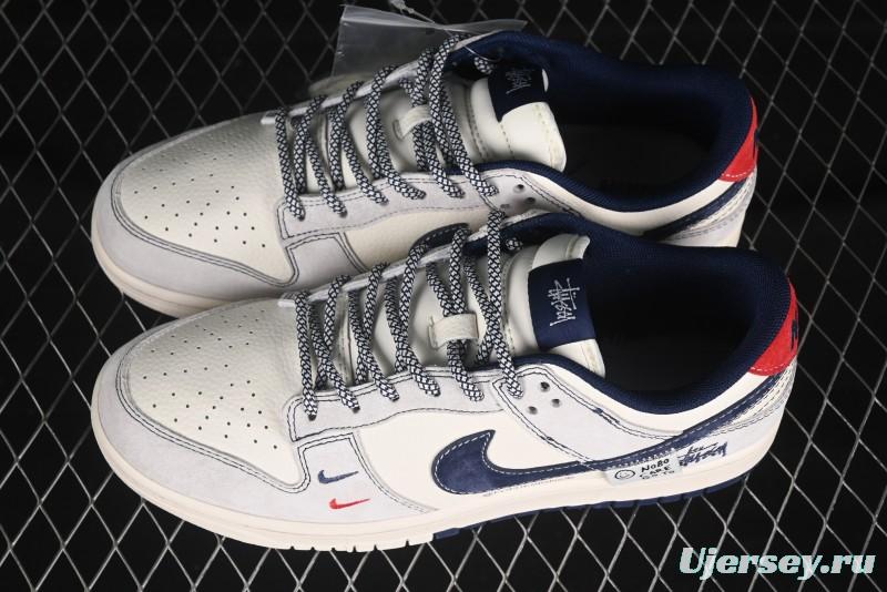 Nike SB Dunk Low Stussy Anniversary Edition Patchwork Navy Swoosh Customized Low-Top Casual Skate Shoes - YX5066-297