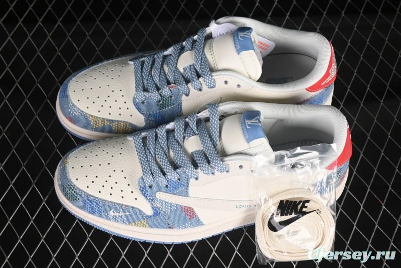 Nike Travis Scott x Fragment Design x Air Jordan 1 Low OG SP AJ1 LV Collaboration Multi-Color Canvas Low-Top Casual Sneakers - FC1688-232