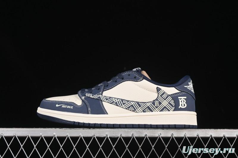 Nike Travis Scott x Fragment Design x Air Jordan 1 Low OG SP AJ1 Burberry Collaboration Dark Blue Swoosh Low-Top Casual Sneakers - LD2025-014