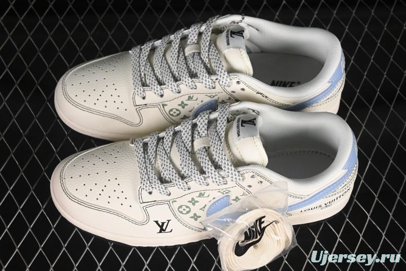 Nike SB Dunk Low LV Collaboration Anniversary Custom Sneakers with Black Stitch and Blue Swoosh - XX3168-143