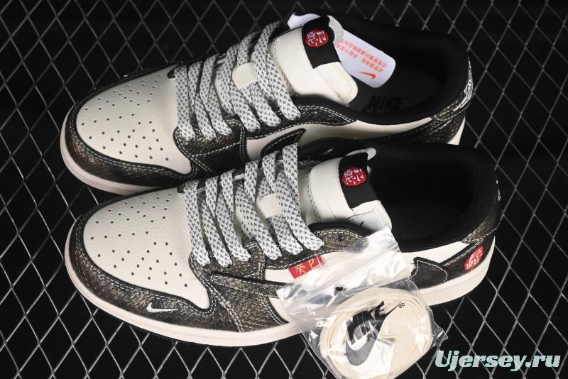 Nike Travis Scott x Fragment Design x Air Jordan 1 Low OG SP AJ1 Year of the Snake Limited Edition Black Snake Grain Low-top Casual Sneakers - YX5066-309