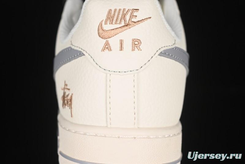 Nike Air Force 1 '07 Low Stussy Collaboration Gold Embroidery Grey Swoosh Casual Sneakers - XX3168-150