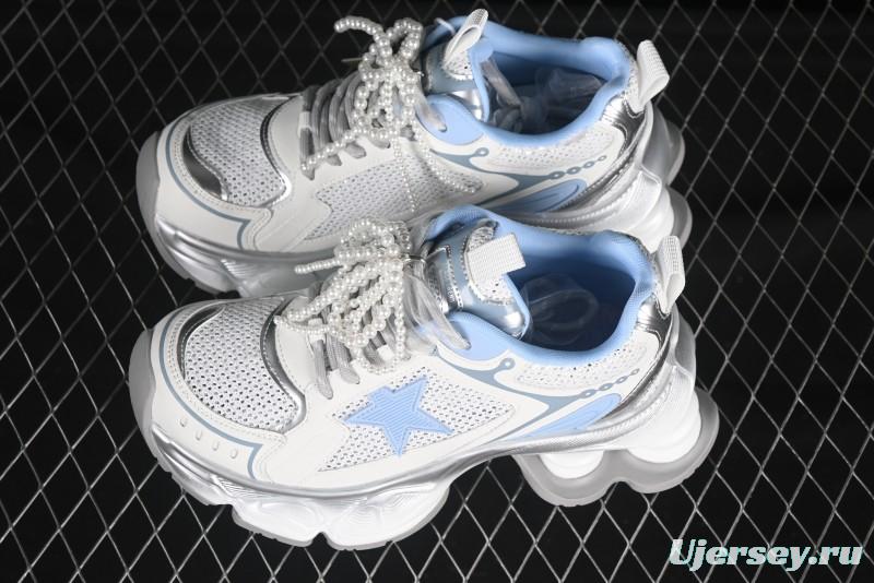 GG-CC Star Same Style Lace-Up Hollow Out Dad Shoes with 5cm Hidden Height Increase - G25X269 White Blue