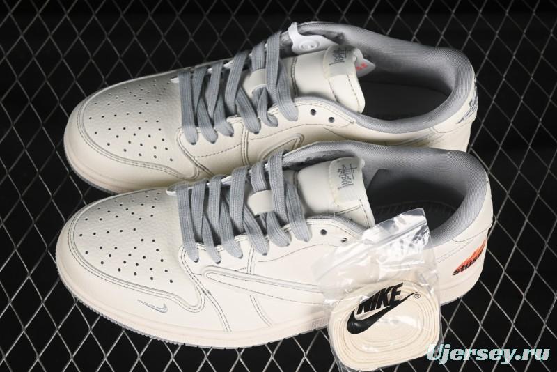 Nike Travis Scott x Fragment Design x Air Jordan 1 Low OG SP AJ1 Stussy Collaboration Light Grey Flame Low-top Casual Sneakers - ZH2598-228
