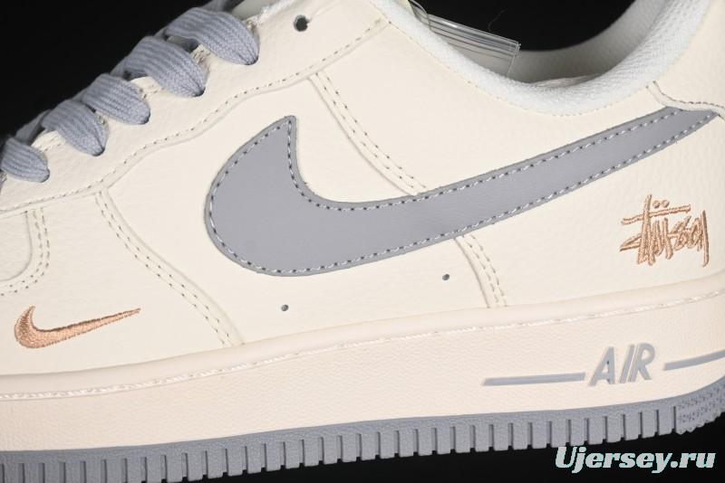 Nike Air Force 1 '07 Low Stussy Collaboration Gold Embroidery Grey Swoosh Casual Sneakers - XX3168-150