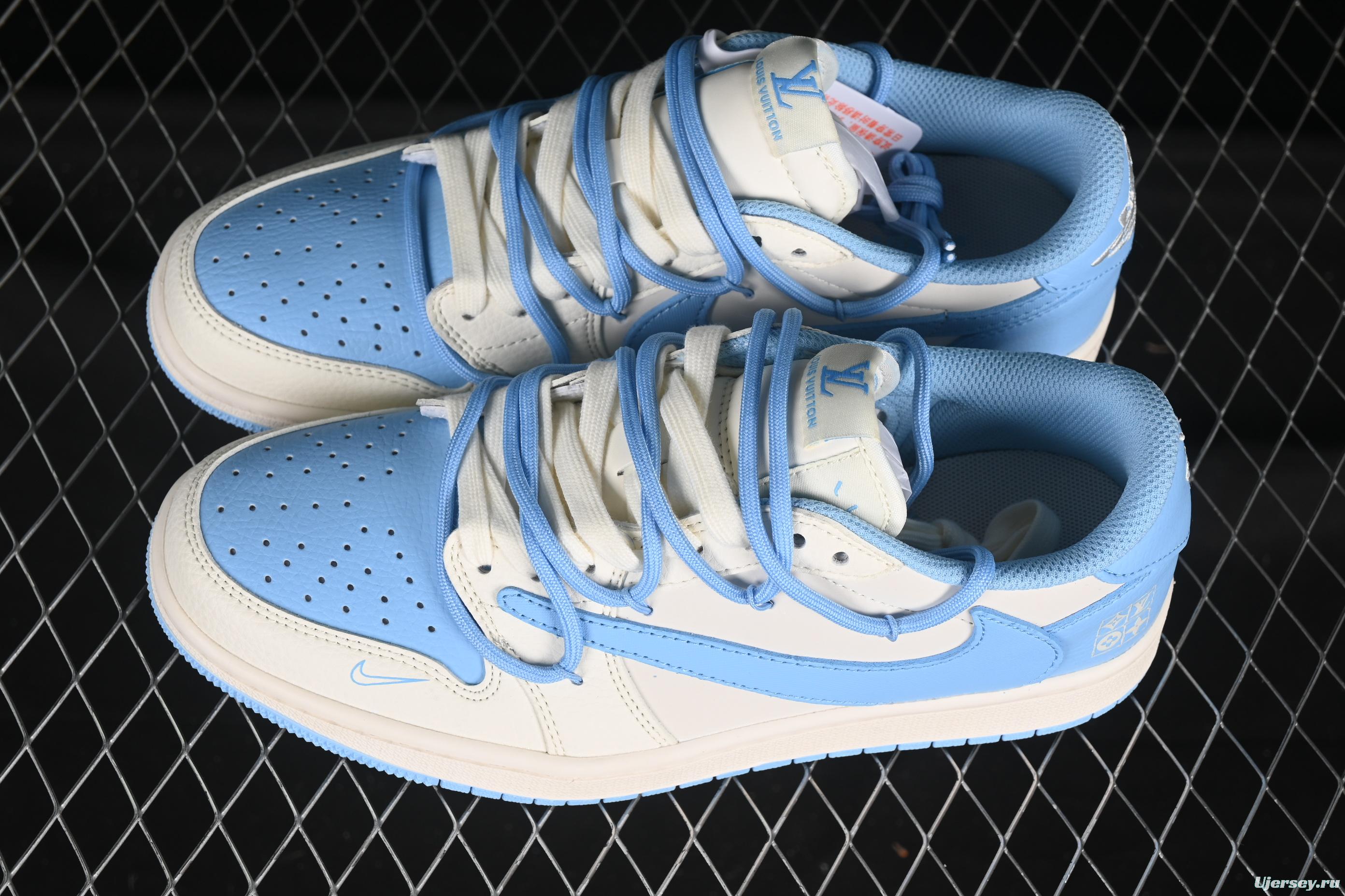 Nike Travis Scott x Fragment Design x Air Jordan 1 Low OG SP AJ1 LV Collaboration Sky Blue Drawstring Low-Top Casual Sneakers - DM6868-107