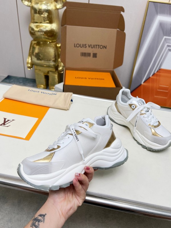2025 Women Louis Vuitton White Gold Leather Mesh Sneakers LY00340