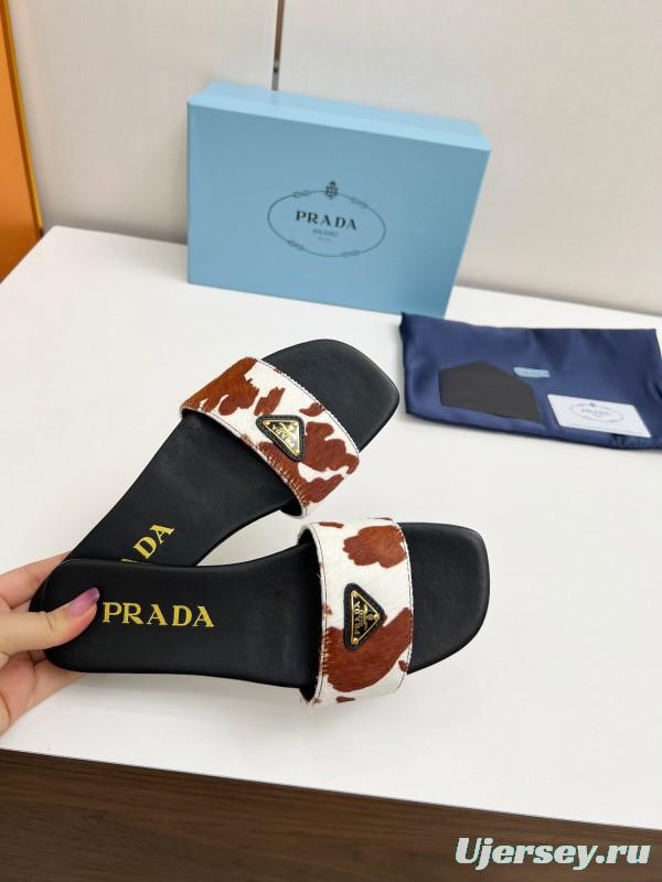 2025 Women Prada Brown White Calf Hair Leather Slippers LY00220