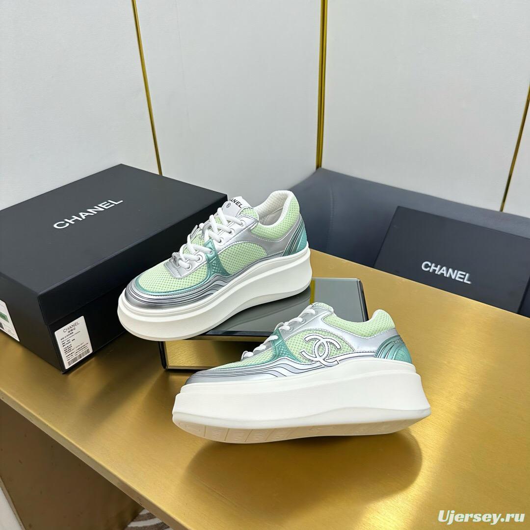 2025 Women Chanel Green Silver Mesh Leather Platform Sneakers