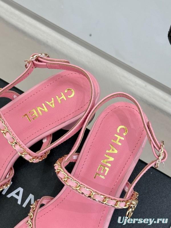 2025 Women Chanel Pink Leather Chain Strap Sandals