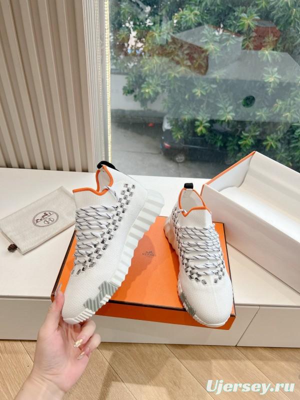 2024 Unisex Hermès White Black Orange Knit Sneakers