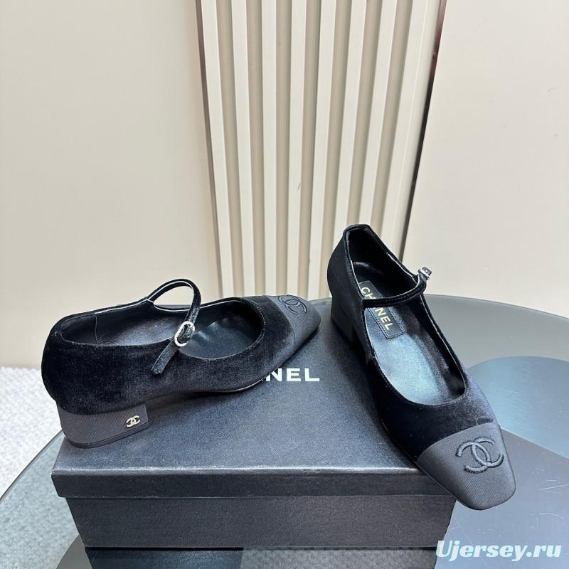 2025 Women Chanel Black Velvet Leather Mary Jane