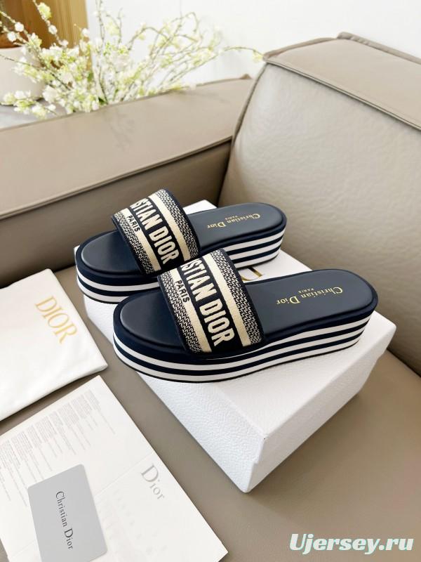 2025 Women Dior Navy White Canvas Platform Slippers LY