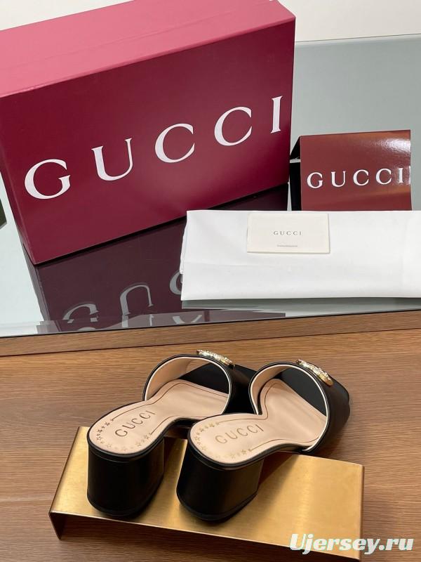 2025 Women Gucci Black Leather Slippers Crystal GG Buckle LY00280