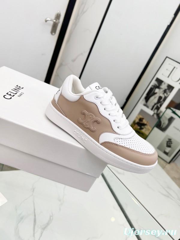 2025 Women Celine White Beige Leather Sneakers BLOCK TRIOMPHE KFY00260
