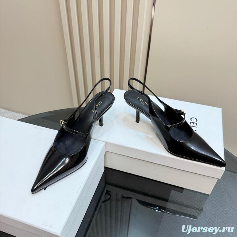 2025 Women Celine Black Patent Leather Slingback Pointed Toe Heels KFY00310