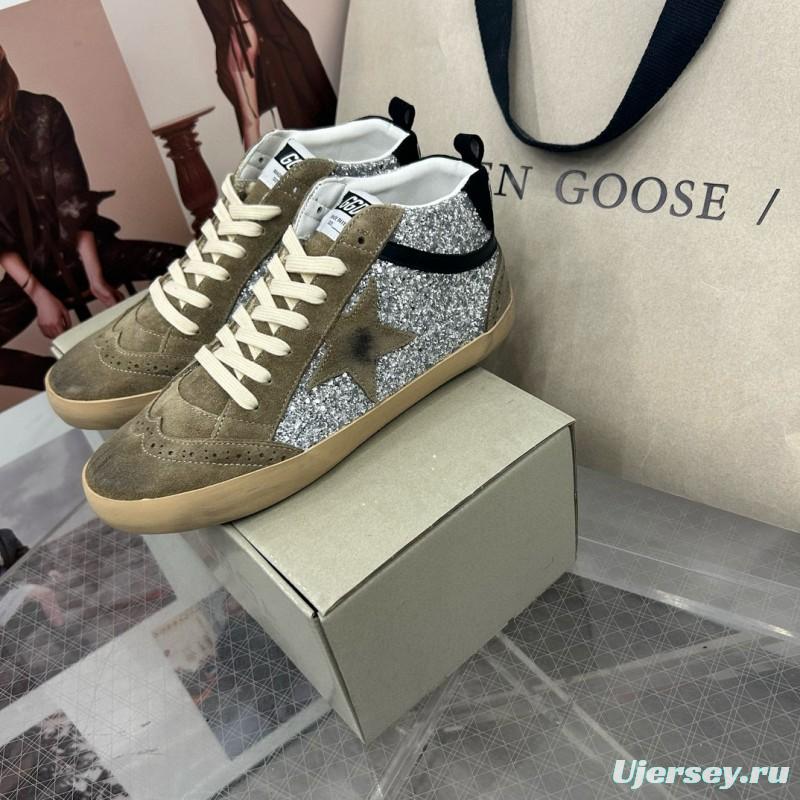 2024 Unisex Golden Goose Deluxe Brand Grey Silver Glitter Suede Leather High-Top Sneakers MJ00300