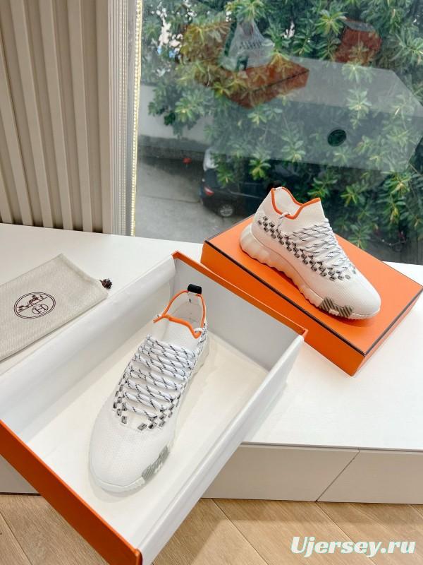 2024 Unisex Hermès White Black Orange Knit Sneakers