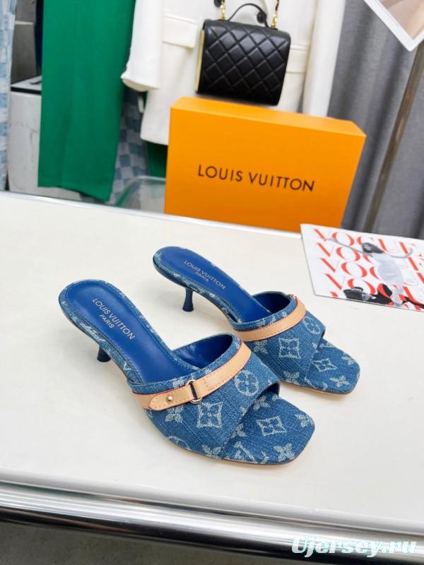 2025 Women Louis Vuitton Denim Blue Leather Heeled Sandals LY00260