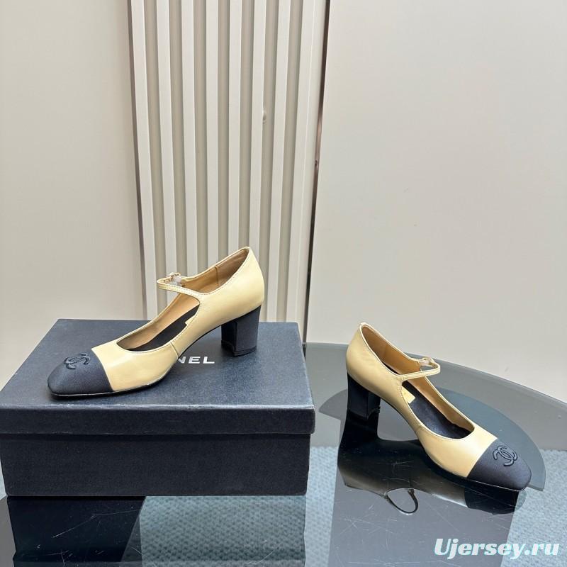 2025 Women Chanel Beige Black Leather Mary Jane Shoes KFY00290