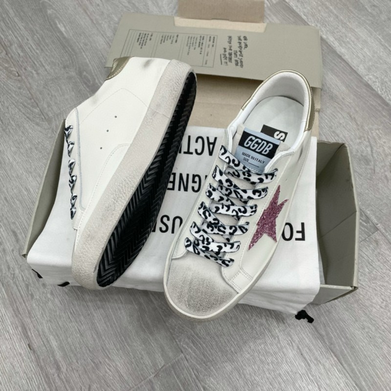 2025 Women GGDB White Pink Leather Sneakers Glitter Star