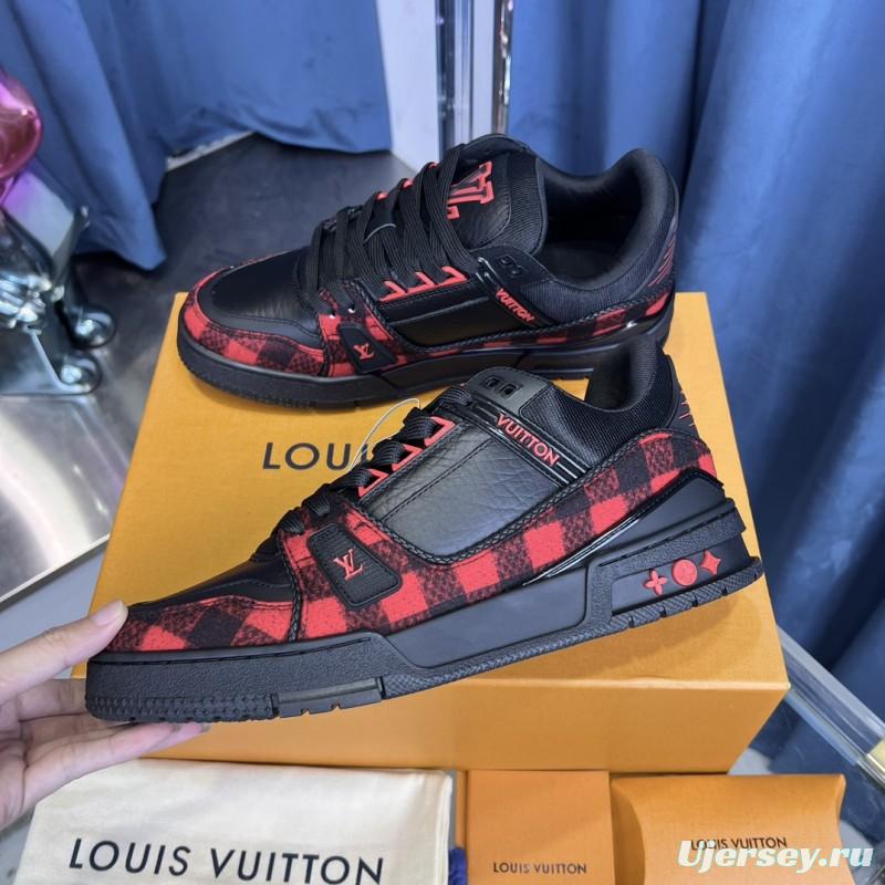 2025 Unisex Louis Vuitton Black Red Leather Sneakers