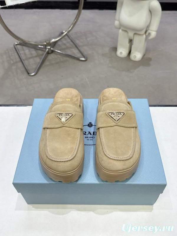 2025 Women Prada Beige Suede Loafer Slip-On KFY00280