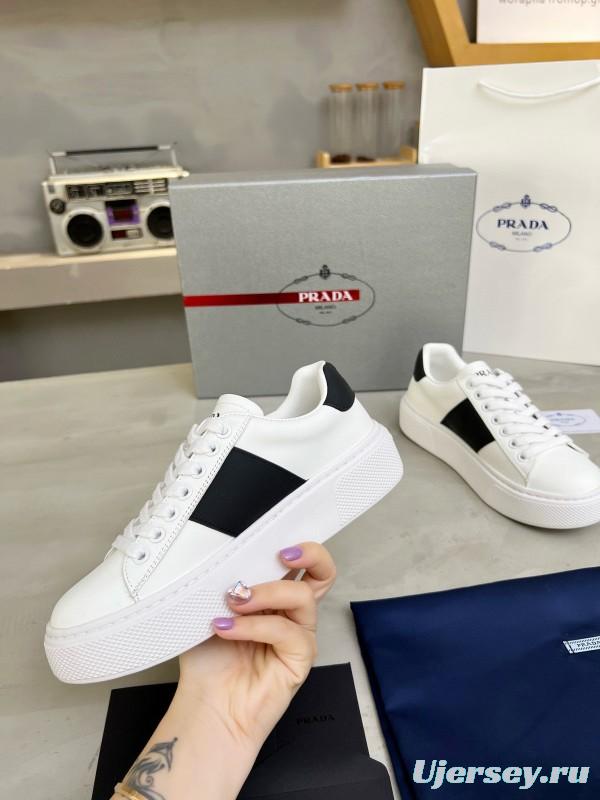 2024 Unisex Prada White Black Silk Calfskin Leather Sneakers MJ00310