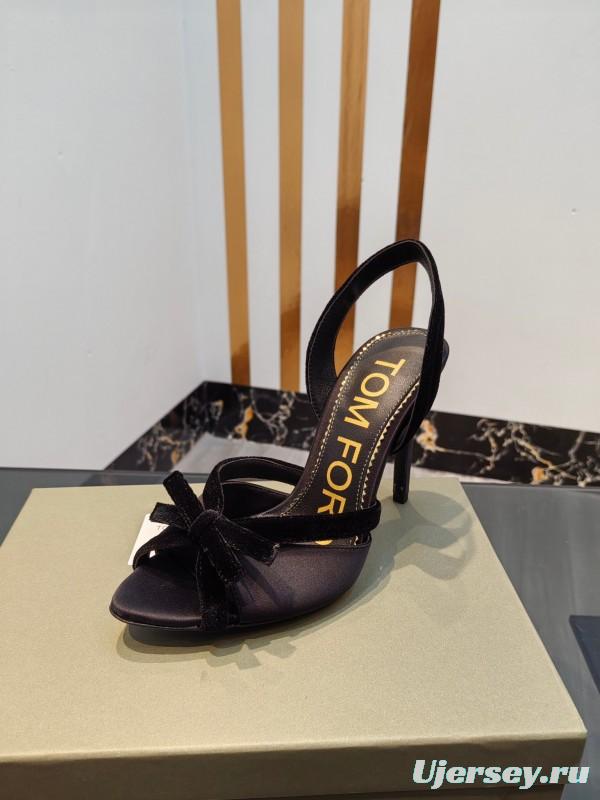 2025 Women TOM FORD Black Velvet High Heel Slingback Bow KFY00300
