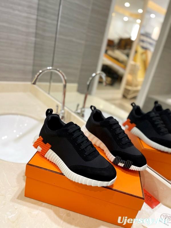 2024 Unisex Hermès Black Orange Glossy Calfskin Nylon Sneakers MJ00320