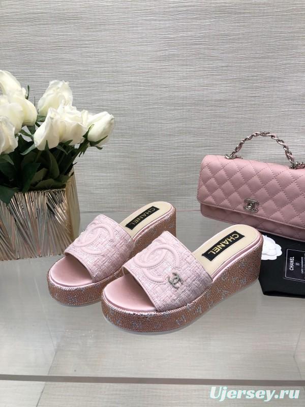 2025 Women Chanel Pink Tweed Platform Slippers LY00320
