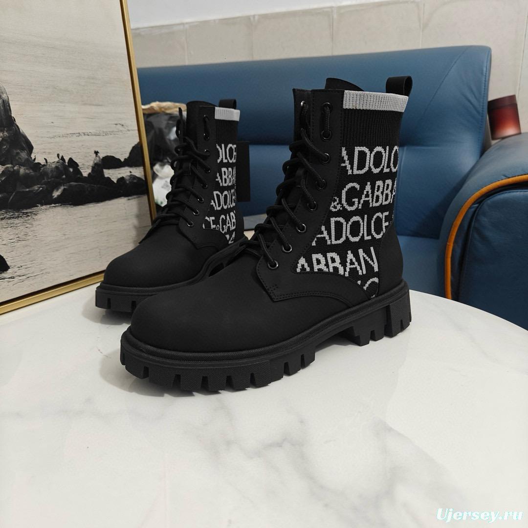 2024 Unisex Dolce & Gabbana Black Knit Leather Combat Boots MJ00390
