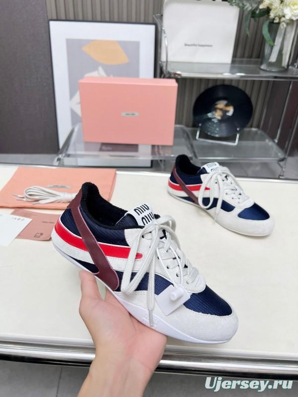 2025 Women Miu Miu Navy White Red Suede Fabric Sneakers LY00