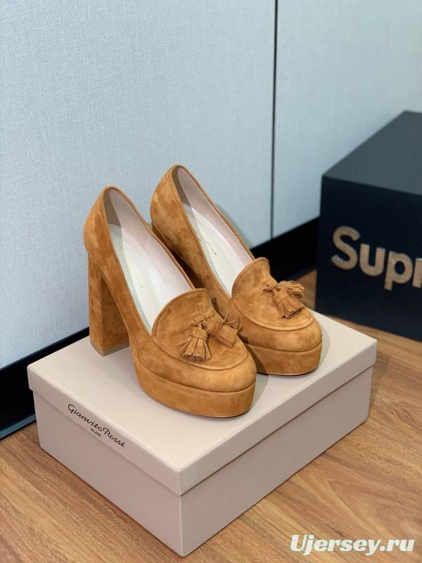 2025 Women Gianvito Rossi Brown Suede Platform Tassel Loafer