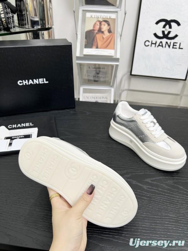 2025 Women Chanel White Silver Leather Suede Sneakers