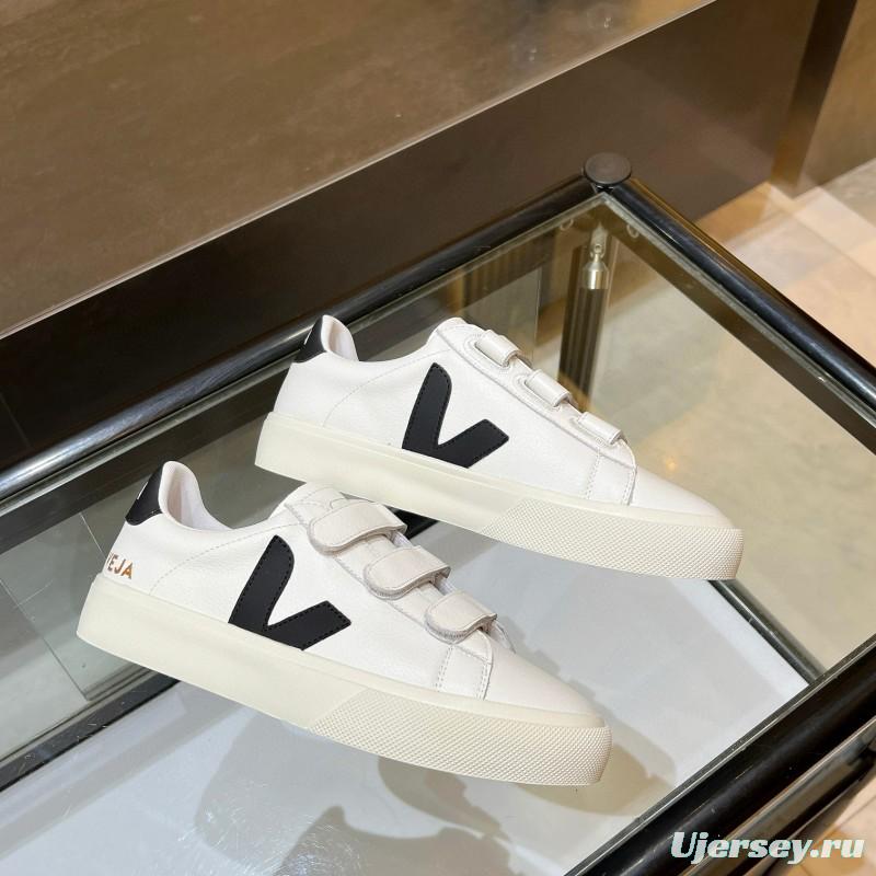 2025 Unisex VEJA White Black Leather Canvas Sneakers Velcro MJ00240(W/M)