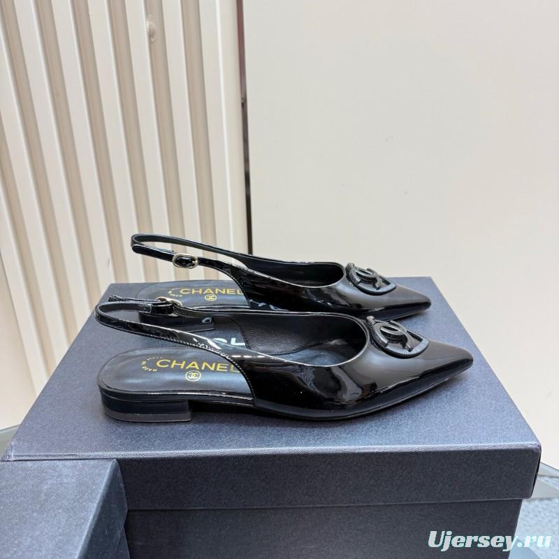 2025 Women Chanel Black Satin Leather Slingback Flats KFY00290
