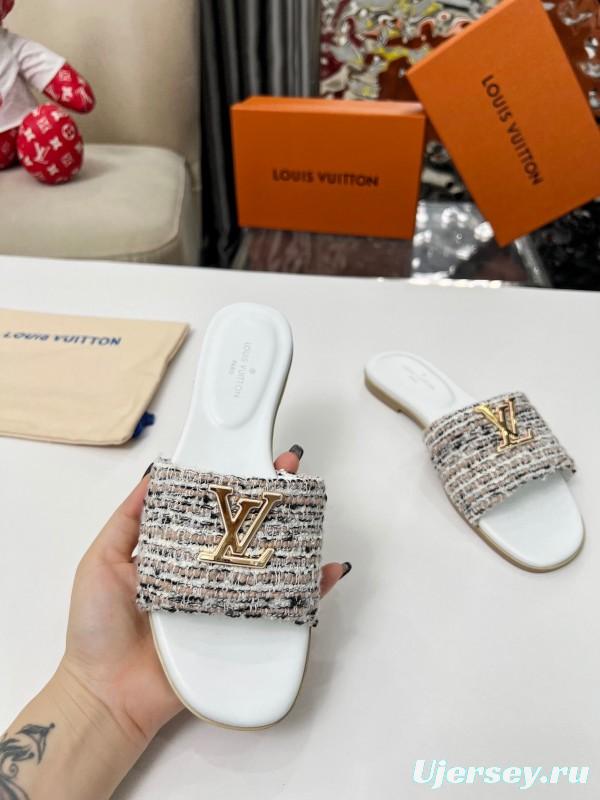 2025 Women Louis Vuitton White Tweed Leather Slippers LY00210