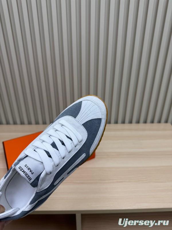 2025 Unisex Hermès White Grey Suede Canvas Sneakers KFY00300