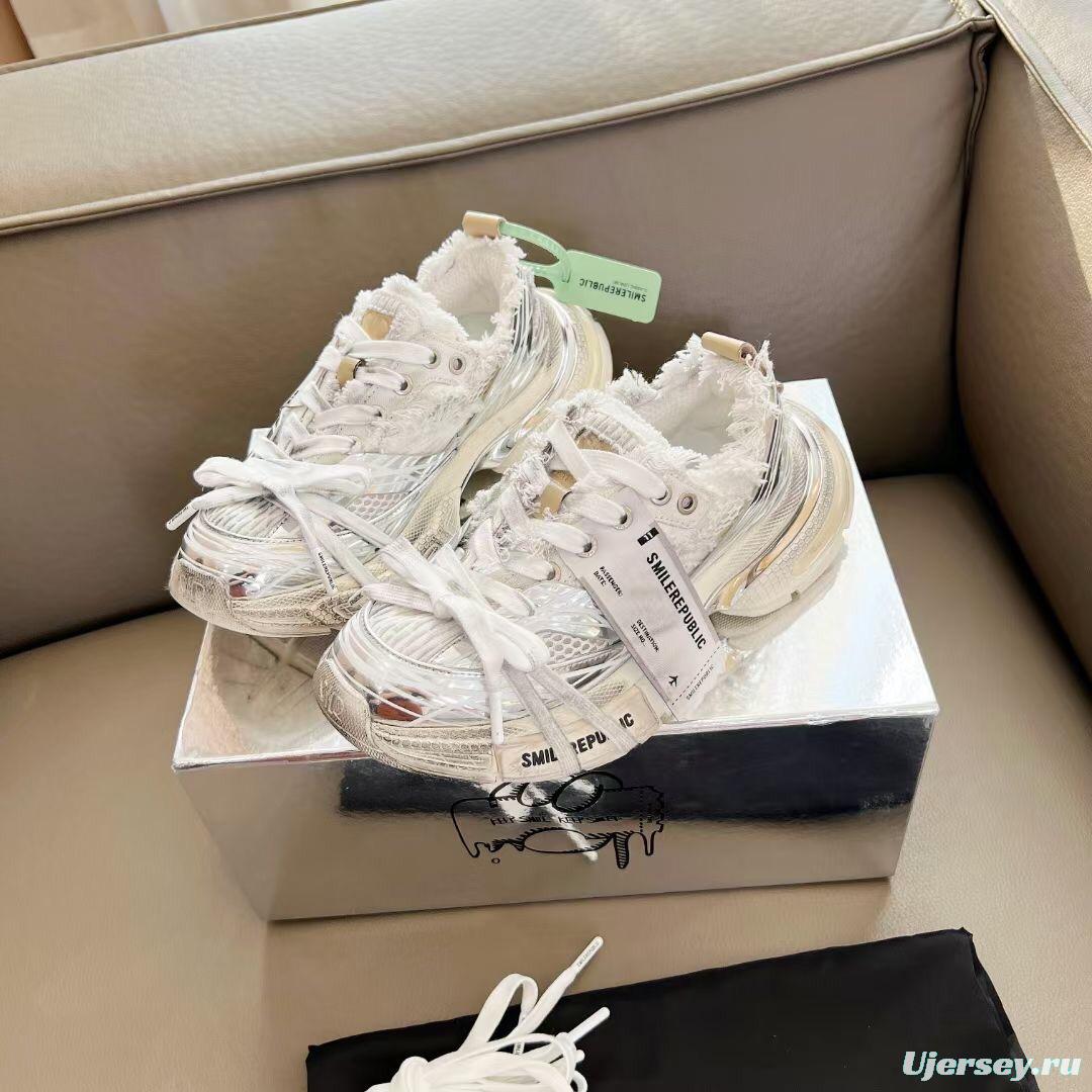 2025 Women Smile Republic White Silver Mesh Leather Sneakers